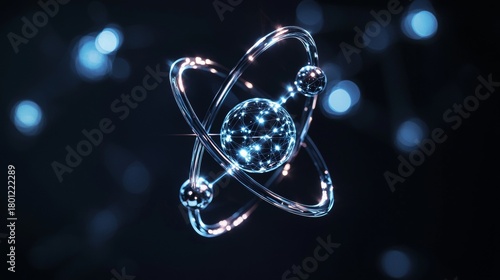 3D representation of an atom with glowing particles and rings in a dark background environment