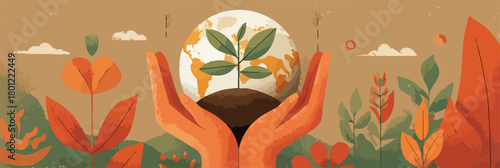 Hände halten Erde mit wachsendem Setzling inmitten üppiger, stilisierter Vegetation und Wolken.