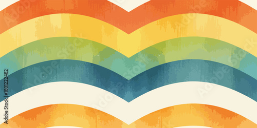 Abstrakte, aquarellartige Regenbogenstreifen in warmen, retrofarbenen Wellenmustern als Hintergrund.