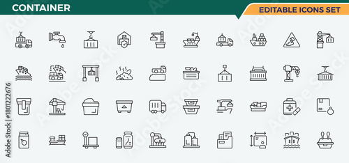 Container line icon set. Plastic Bottle line icon set. Icons for application. Contain linear symbols plastic bottle, water, drink, eco, water bottle. Editable stroke. Vector illustration.