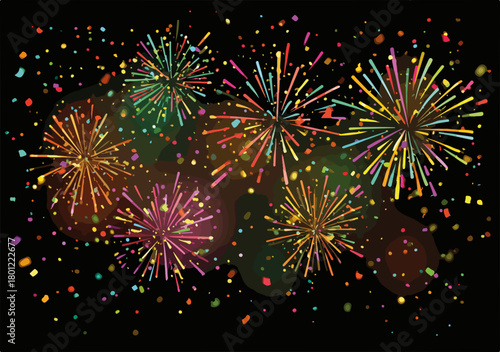 Bunte Vektor-Feuerwerksexplosionen vor dunklem Nachthimmel als festliche Dekoration.