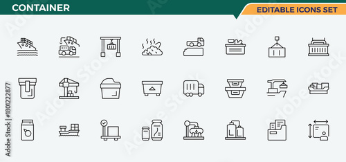 Container line icon set. Minimalist linear icons. Included drink, wine bottle, eco, water bottle. Editable stroke. Vector collection. Plastic Bottle icon set.
