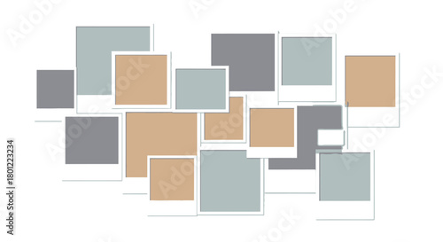 A creative collage of overlapping blank instant photo frames in muted earth tones on a white background.