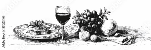 Schwarz-Weiß Vektor Illustration eines gedeckten Tisches mit Weinglas, Früchten und Speise auf Teller.