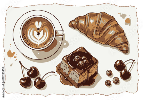 Inviting coffee scene with a freshly brewed latte, golden croissant, decadent chocolate pastry, and juicy cherries, perfect for a delightful morning treat