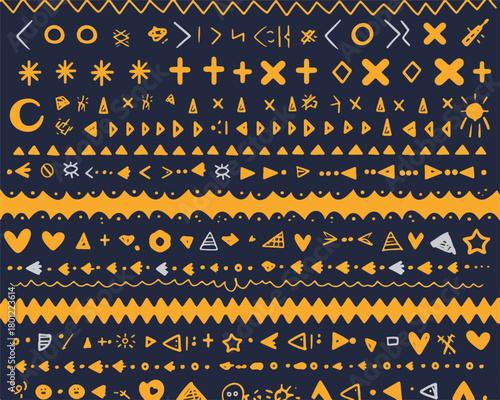 Handgezeichnete, ethnische Musterlinien und dekorative Trennlinien in Gelb auf dunklem Hintergrund.