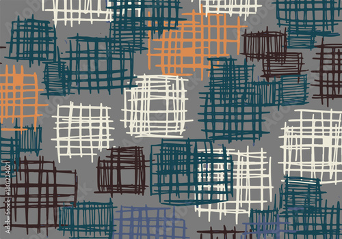Modern abstract seamless textile pattern with irregular hand-drawn cross-hatch rectangles on grey background