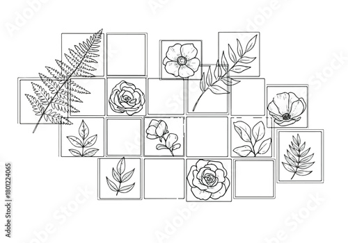 Elegant botanical line art collection within geometric squares, perfect for modern decorative design concepts and artistic inspiration