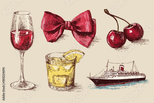 Eine elegante Vektorillustration mit verschiedenen Elementen, die für Feiern, Genuss und besondere Anlässe stehen.