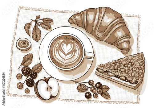 Artistic monochrome illustration capturing a cozy morning breakfast scene with latte art, a freshly baked croissant, and a delicious fruit pie