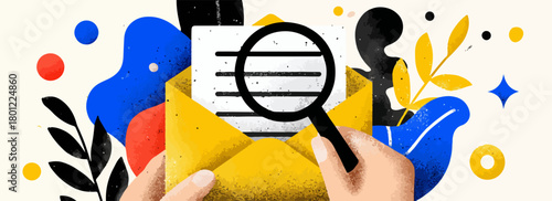 Eine Illustration, die die Prüfung von Dokumenten oder Post mit einer Lupe in einem kreativen und farbenfrohen Vektorstil darstellt.