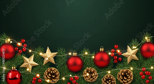 Dark green christmas background with festive border of red ornaments golden stars pine branches and copy space
