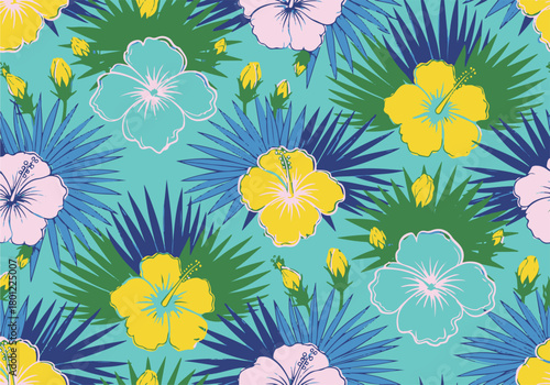 Bright tropical seamless floral pattern with colorful hibiscus blooms and exotic palm fronds on a serene blue backdrop