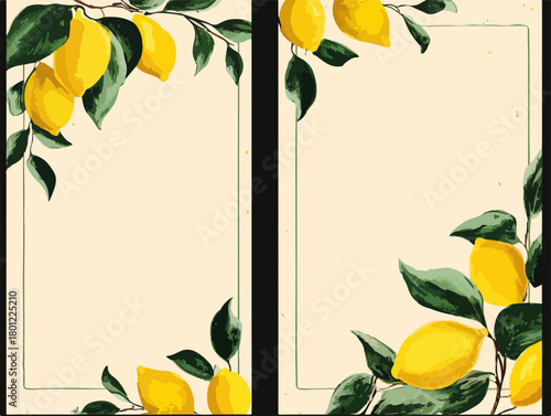 Zwei elegante Rahmen mit Zitronen-Illustrationen, ideal für Einladungen, Menüs oder stilvolle Präsentationen im Vektorformat.