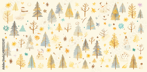 Ein Vektor-Hintergrundmuster mit einer Vielzahl von Bäumen und Schneeflocken, ideal für festliche Designs und Winterprojekte.