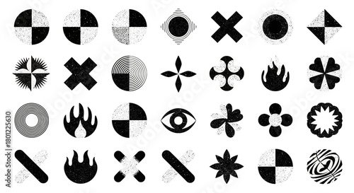 A collection of abstract black and white shapes and symbols in a grid pattern