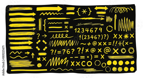 Hand-Drawn Yellow Arrows and Doodle Elements on Black Background