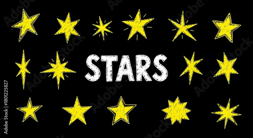 Starry Brilliance An Array of Hand-Drawn Celestial Stars on Black Background