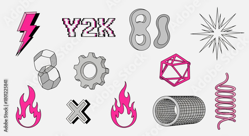 Y2K Graphics Geometric Shapes, Lightning Bolt, Flames, and Springs for Retro-Futuristic Designs
