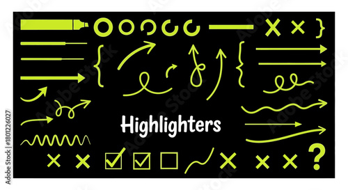 Neon Highlighter Elements Arrows, Lines, and Shapes for Emphasis and Visual Appeal