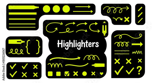 Vector highlighters and text markers for emphasis and highlighting, set of doodle underlines and arrows