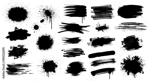 Abstract Black Ink Splatters and Brush Strokes Collection on White Background