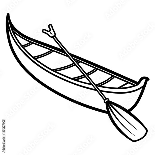 A black and white illustration of a canoe with a paddle resting inside, ready for water activities.