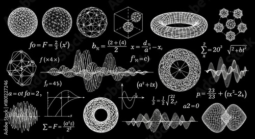 Intricate Mathematical Diagrams and Equations Showcasing Scientific Concepts and Complex Formulas on Black Background