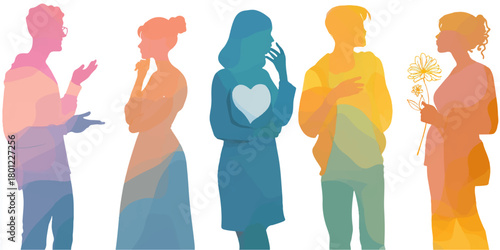 Diverse group of people silhouettes communicating and connecting in vibrant gradient colors