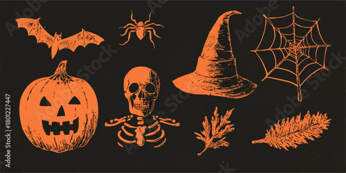 Vintage halloween illustration featuring a jack o lantern skeleton witch hat bat spider and cobweb