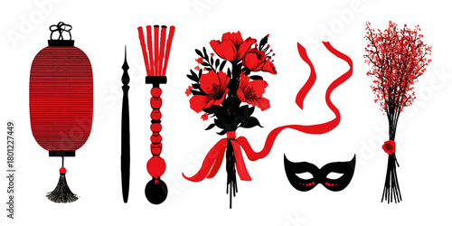Collection of red festive objects including lantern mask ribbons and flowers on white background