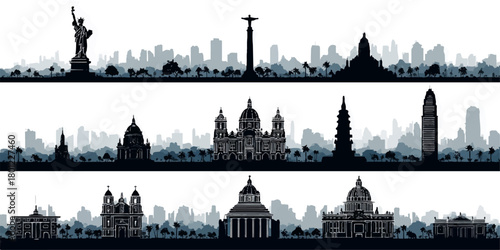 Iconic global city skylines silhouettes featuring famous landmarks and architecture