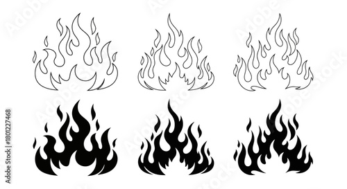 Set of Fire Flames in Black and White Outline Illustrations for Design Elements and Symbols