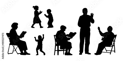 Silhouettes of diverse people in various poses reading and interacting in a group setting