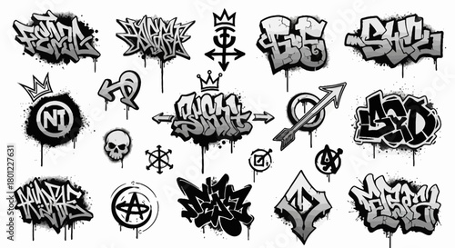 Collection of graffiti art, design elements, and street style typography with spray paint aesthetic