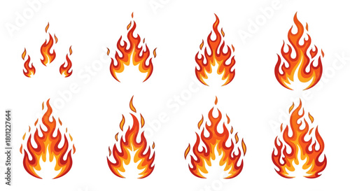 Set of cartoon fire flame icons. Various bonfire orange fire sparks. Illustration of bonfire with different shapes