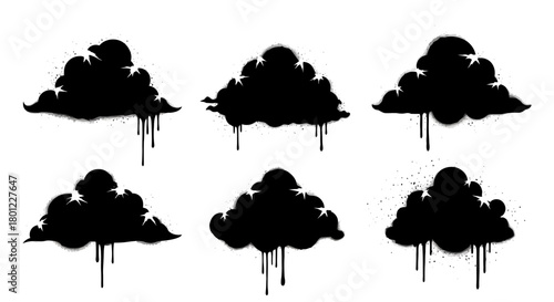 Collection of Black Cloud Silhouettes with Drips Weather Icon Set for Design and Illustration