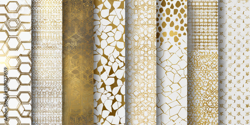 Collection of elegant and intricate patterned papers with subtle gold and cream tones