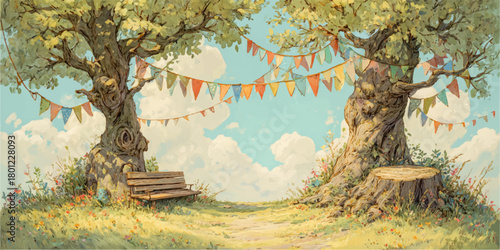 Whimsical woodland scene with two ancient trees adorned with colorful festive bunting flags