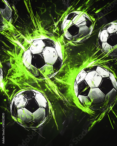 Dynamic depiction of multiple soccer balls surrounded by intense green energy beams
