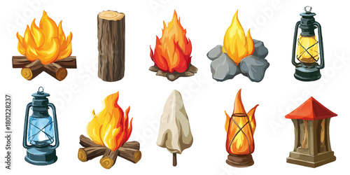 Collection of campfires logs lanterns and camping equipment isolated on white background