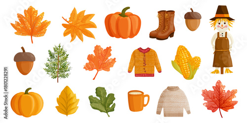 Collection of autumnal elements including pumpkins leaves boots scarecrow and warm clothing for fall season