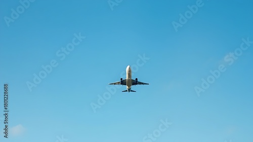 Airplane ascending into a clear blue sky with soft clouds.