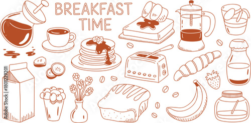 Breakfast food and drinks hand drawn illustration coffee