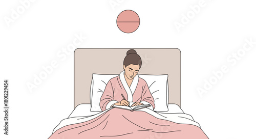 Woman In Bed Writing Diary, Sketch Of Patient In Bed, Therapy Concept