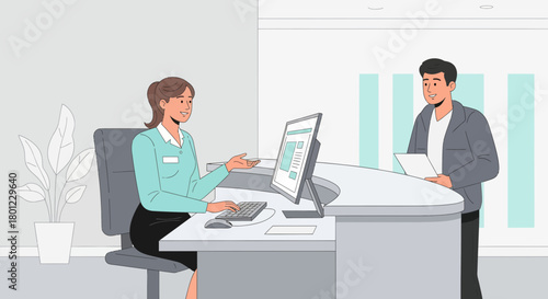 Office Receptionist Assisting A Customer With Information On A Modern Workstation Environment