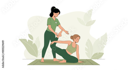 Yoga Instructor Assisting Student With Stretching Pose Offering Support For Wellness And Fitness