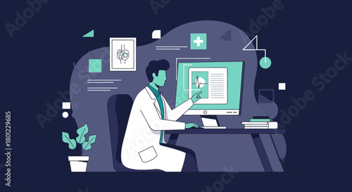 Online Medical Consultation Depicting Physician Reviewing Health Reports on a Screen