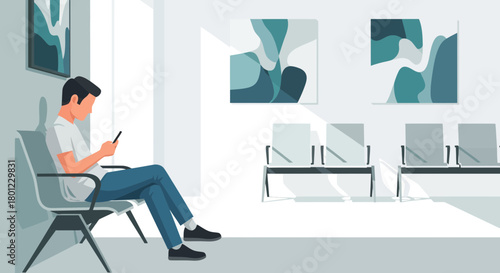 Patient Awaits Appointment While Using Smart Phone In Modern Waiting Room Space