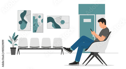Patient Awaits Appointment While Using Smart Technology In A Clean Waiting Room Concept, Vector